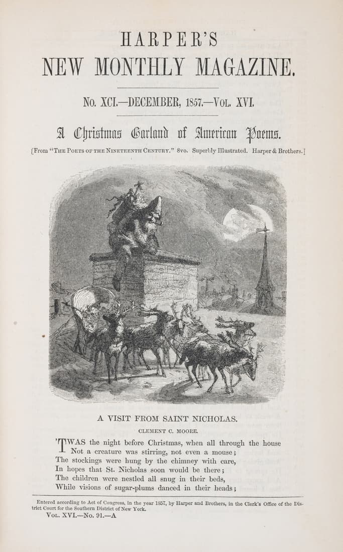 Harper's New Monthly Magazine. Volume XVI. December, 1857, to May, 1858, New York, 1858.: Harper's New Monthly Magazine. Volume XVI. December, 1857, to May, 1858, illustrations, library bookplate, the odd spot or patch of light soiling, hinges cracked, contemporary half calf, spine labels 