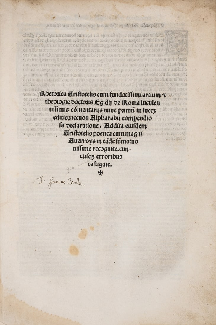 Aristotle. Rhetorica Aristotelis cum fundatissimi artium..., Venice, Georgius Arrivabenus, 1515. (1 of 1)