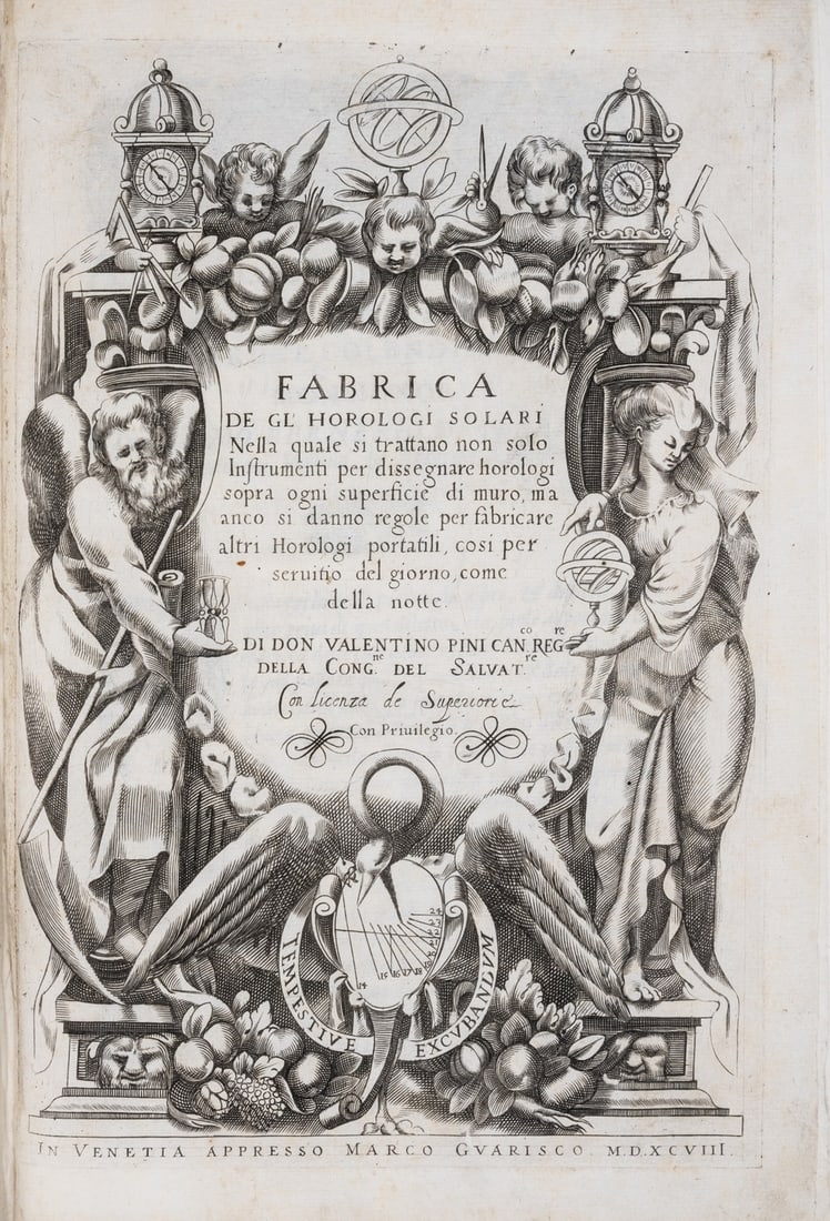 Sundials.- Pini (Valentino) Fabrica de gl' Horologi Solari, first edition, Venice, Marco Guarisco, 1: NO RESERVE Sundials.- Pini (Valentino) Fabrica de gl' Horologi Solari, first edition, collation: Ϯ4 A-M4 N2, fine engraved pictorial title, some light foxing and soiling, H1 and 2 misbound, orig