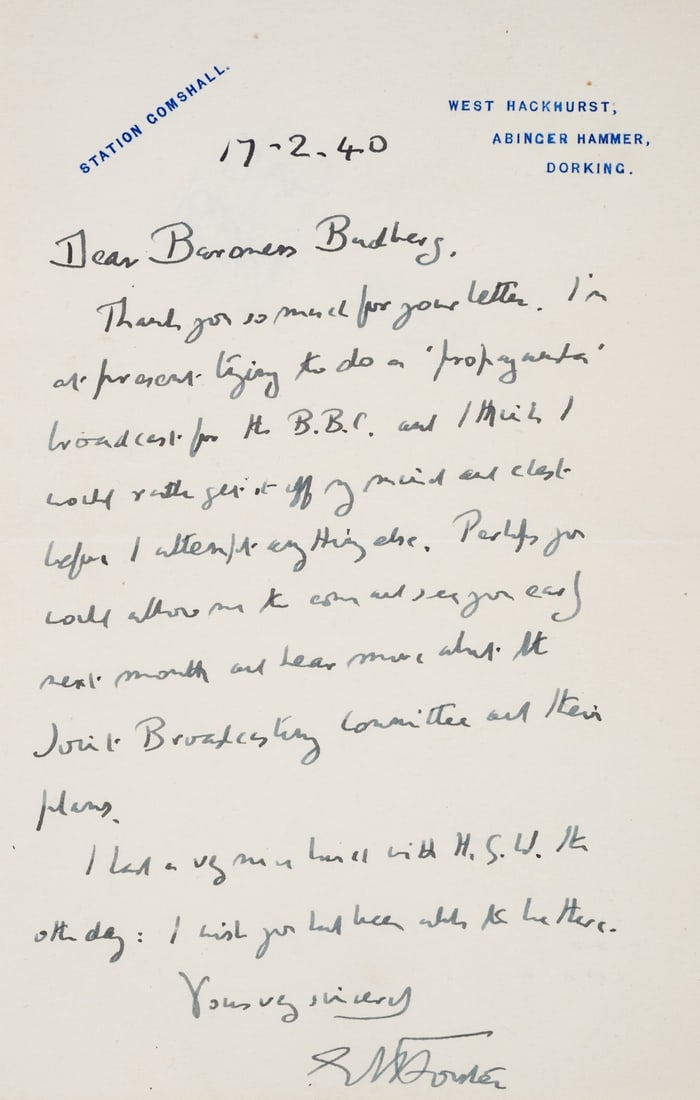 Forster (E.M.) Autograph Letter signed to Baroness Maura Budberg, 1940, updating her on various proj (1 of 1)