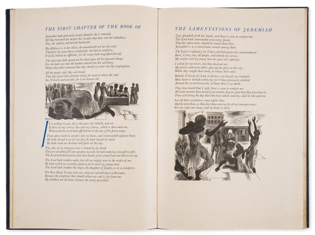 Gregynog Press.- Lamentations of Jeremiah (The), from an edition limited to 250, Newtown, Gregynog P: Gregynog Press.- Lamentations of Jeremiah (The), one of 250 copies, Baskerville italic type printed in black and blue, wood-engraved illustrations, title and initial letters designed and engraved by B