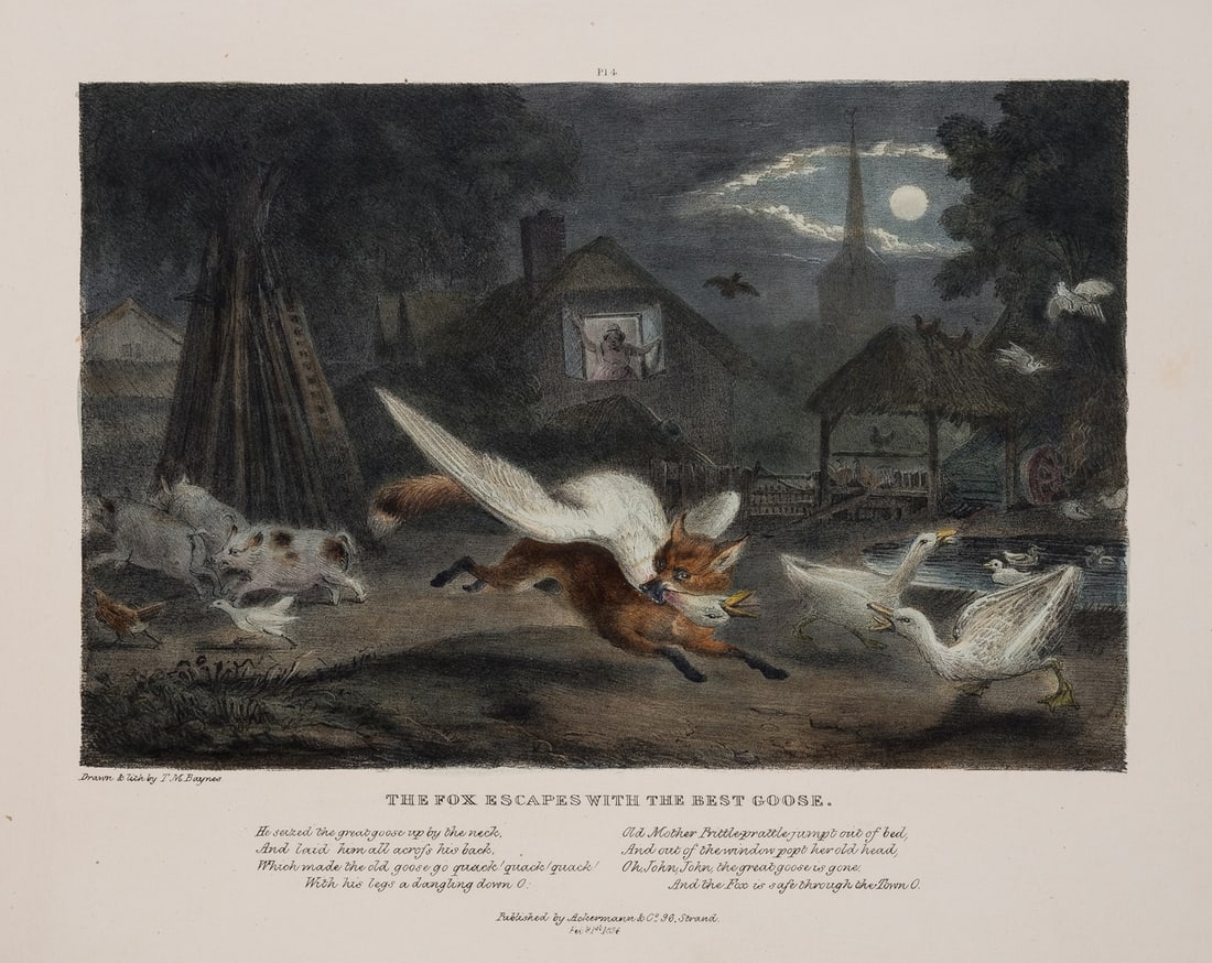 Baynes (Thomas Mann) Adventures of a Fox by Moonlight, R. Ackermann, 1836.: Baynes (Thomas Mann) Adventures of a Fox by Moonlight, six hand-coloured lithographs, heightened with gum arabic, five by Baynes and one after, bookplate, some light spotting, faint spotting, 20th cen
