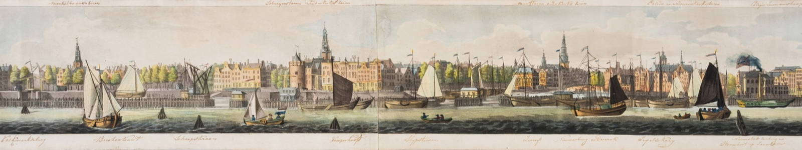 Meulen (P.H.L. van der) Diorama van Amsterdam, hand-coloured aquatint panorama with original wooden : Meulen (P.H.L. van der, engraver) Maaskamps Diorama van Amsterdam, hand-coloured aquatint panorama, c.125 x 2285 mm., on conjoined sheets forming continuous strip, with one engraved caption 'Ingang to