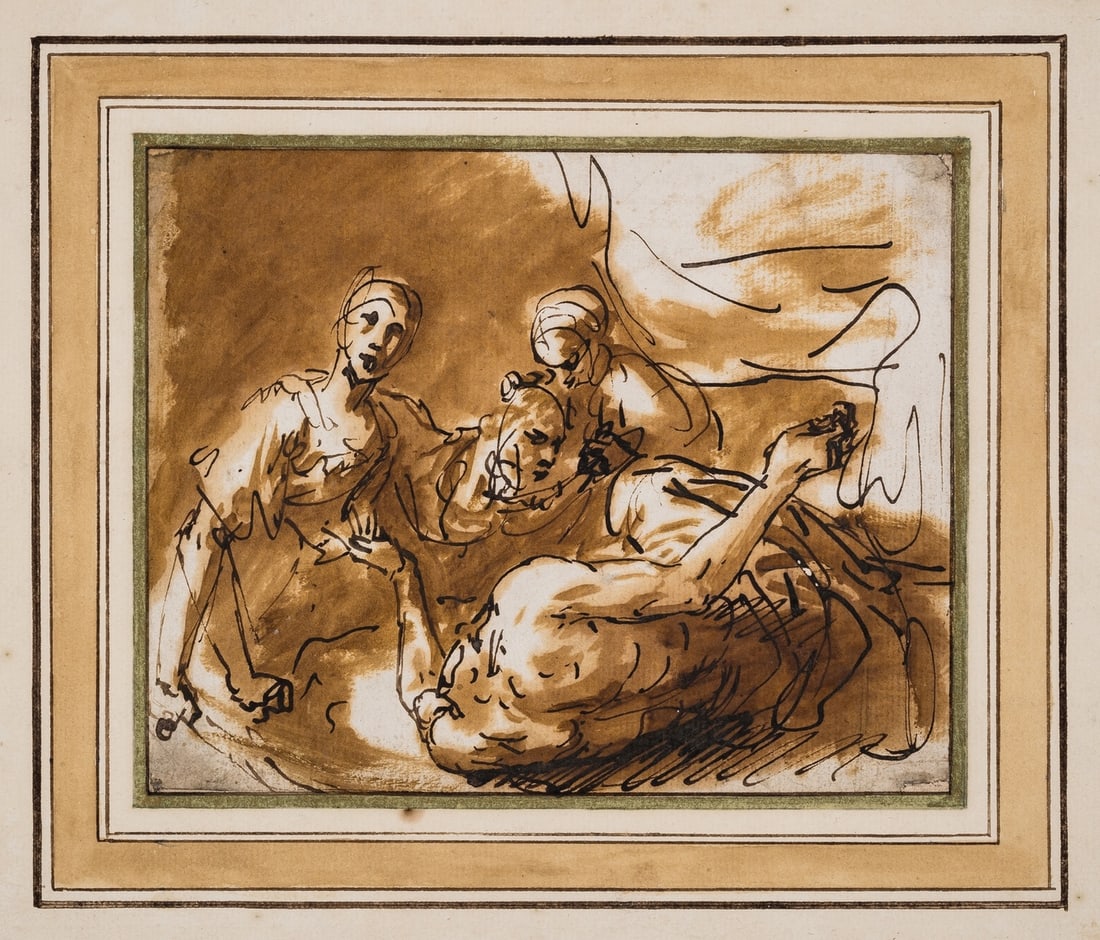 Pier Francesco Mola (1612-1666), Circle of. Judith and Holofernes: Pier Francesco Mola (1612-1666), Circle of.Judith and HolofernesPen and dark brown ink, brush and brown wash, sheet 120 x 150 mm (4 3/4 x 5 7/8 in), laid onto collector's mount with ruled ink and wash