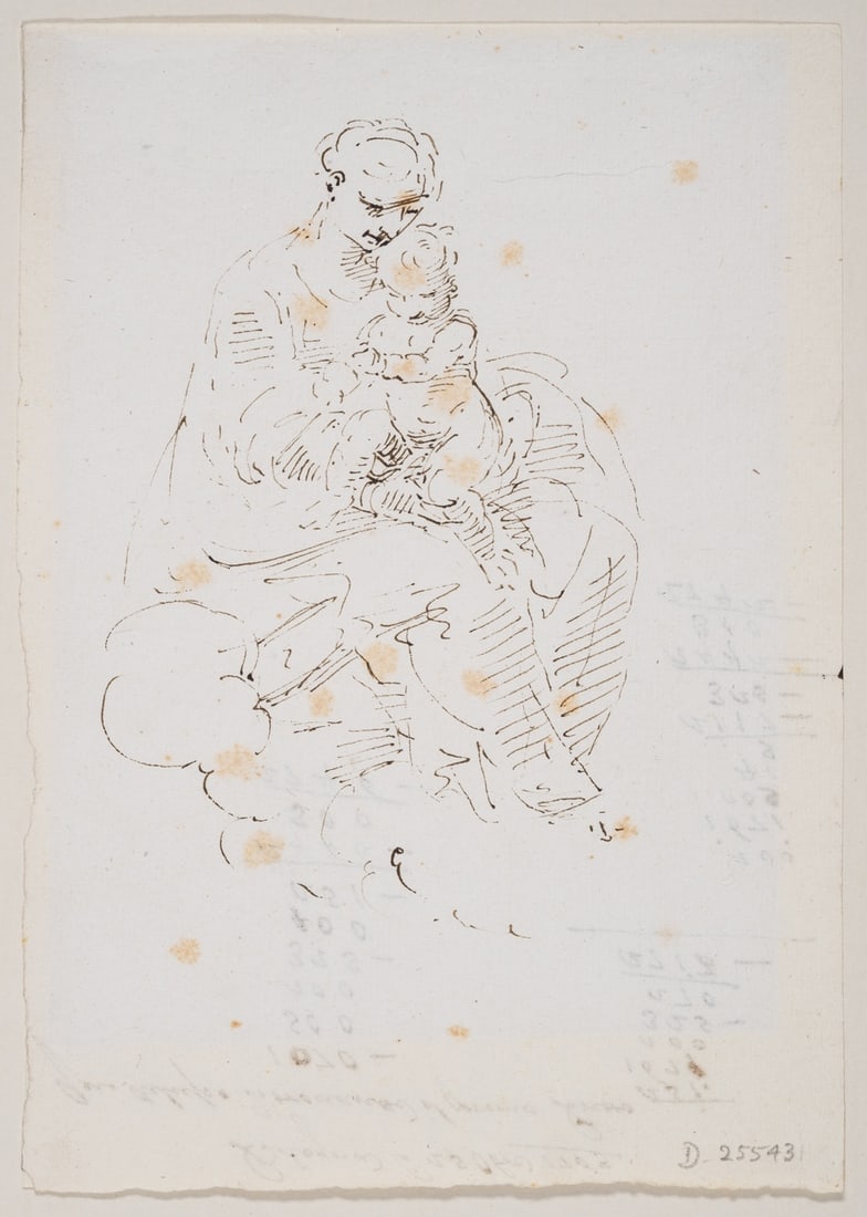 Donato Creti (1671-1749) Madonna and Child on a cloud: Donato Creti (1671-1749)Madonna and Child on a cloudPen and brown ink, sheet 207 x 144 mm (8 1/4 x 5 5/8 in), later ink manuscript accounting verso inscribed 'Bologna [...] 1763', some spotting (unfra