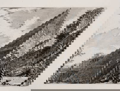 Giovanni Battista Piranesi (1720-1788) Veduta del Sepolcro di Cajo Cestio, from 'Vedute di Roma': Giovanni Battista Piranesi (1720-1788)Veduta del Sepolcro di Cajo Cestio, from 'Vedute di Roma'Etching, 1756, an excellent well inked impression of Hind's first state (of three), on laid paper with wa