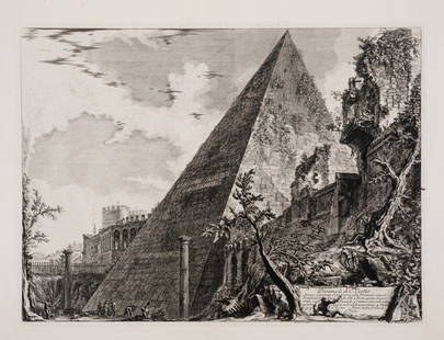 Giovanni Battista Piranesi (1720-1788) Veduta del Sepolcro di Cajo Cestio, from 'Vedute di Roma': Giovanni Battista Piranesi (1720-1788)Veduta del Sepolcro di Cajo Cestio, from 'Vedute di Roma'Etching, 1756, an excellent well inked impression of Hind's first state (of three), on laid paper with wa