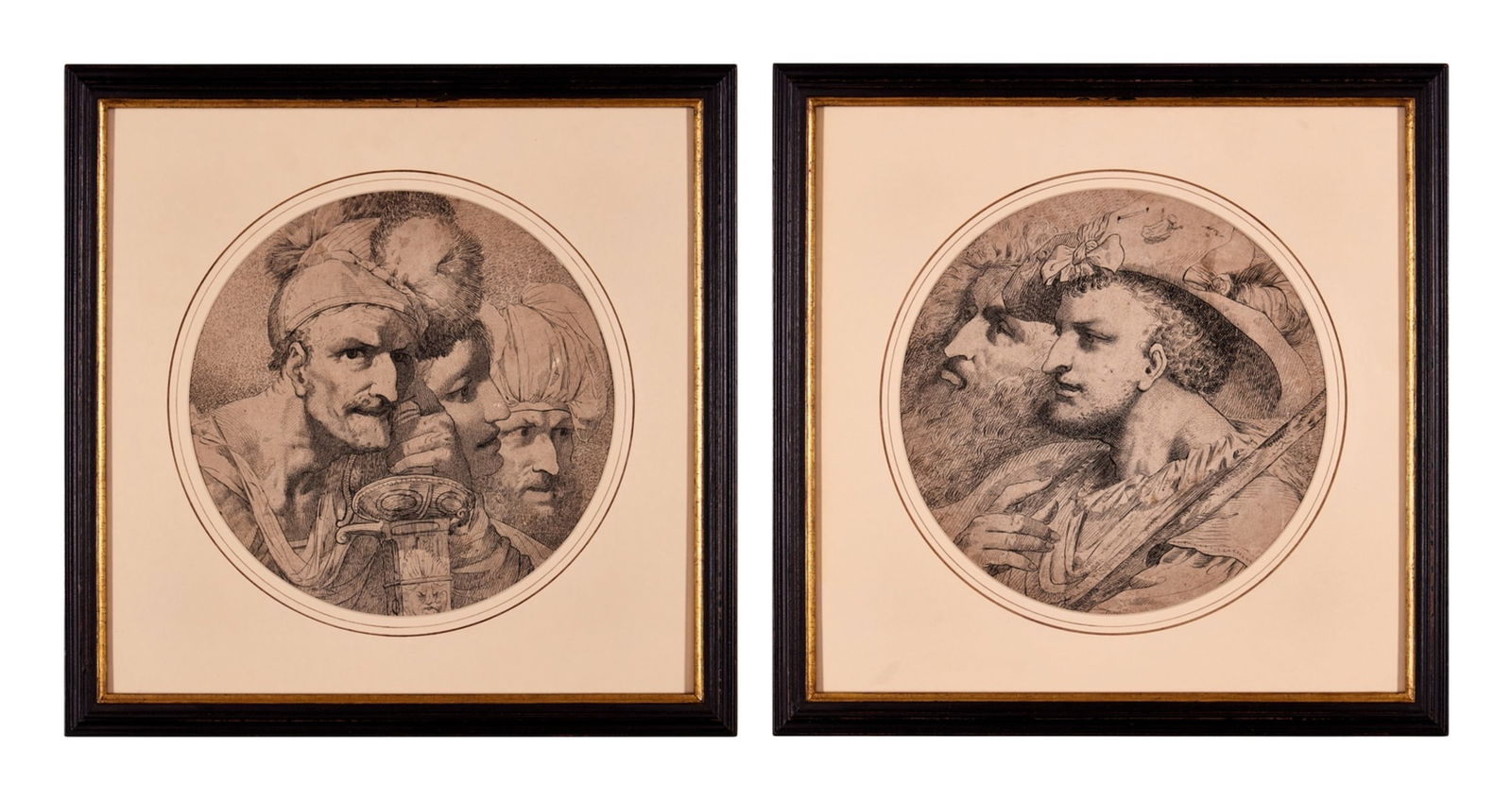 John Hamilton Mortimer (1741-1779) Banditti; and Pilgrims [Two ink drawings]: John Hamilton Mortimer (1741-1779)Banditti; and PilgrimsTwo works, pen and black ink on buff paper, both circular and approx. 290 x 290 mm (11 3/8 x 11 3/8 in), under glass, both held in uniform mount