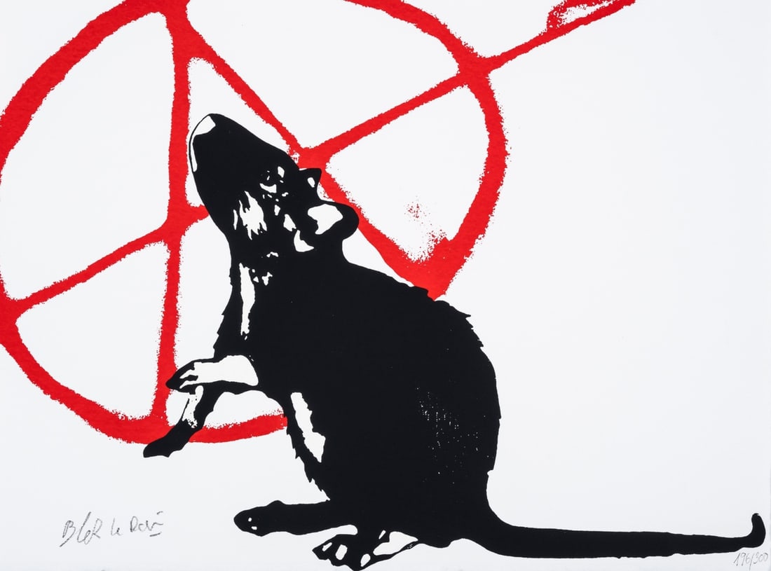 δ Blek le Rat (b.1951) The Anarchist: δ Blek le Rat (b.1951)The AnarchistScreenprint in colours, 2020, signed in pencil, numbered from the edition of 300, on Arches paper, the full sheet, sheet 230 x 310mm (9 x 12 1/4in)This lot is a