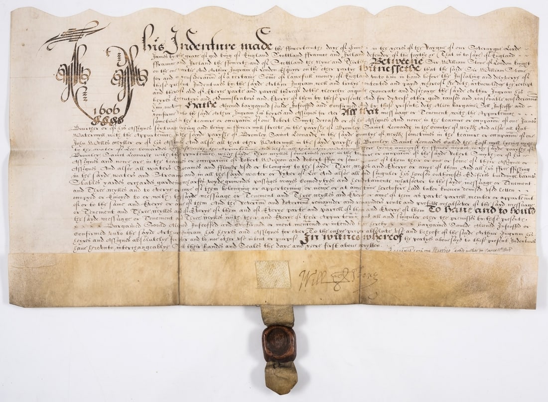 London.- Stone (Sir William) & Sir Arthur Ingram. Indenture, bargain and sale by Arthur Ingram of: London.- Stone (Sir William, Master of the Clothworkersʼ Company, d. 1607) & Sir Arthur Ingram, financier and politician, b. before 1571, d. 1642) Indenture, bargain and sale by Arthur Ingram of 