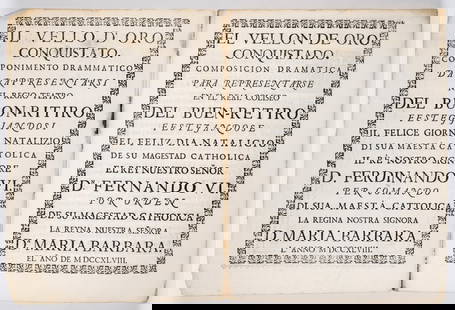 [Mele (Giovanni Battista, composer)] Il Vello d'Oro Conquistato, first edition, Madrid, stamperia di: NO RESERVE [Mele (Giovanni Battista, composer)] Il Vello d'Oro Conquistato, first edition, disbound, printer's device to upper wrapper, lightly soiled, 4to, Madrid, stamperia di Lorenzo Francesco Moja