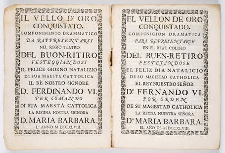 [Mele (Giovanni Battista, composer)] Il Vello d'Oro Conquistato, first edition, Madrid, stamperia di: NO RESERVE [Mele (Giovanni Battista, composer)] Il Vello d'Oro Conquistato, first edition, disbound, printer's device to upper wrapper, lightly soiled, 4to, Madrid, stamperia di Lorenzo Francesco Moja