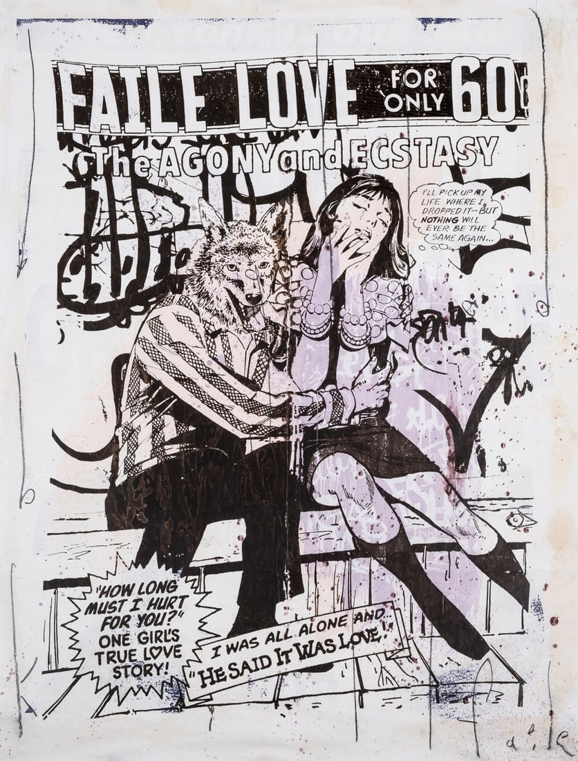 Faile aka Patrick McNeil (b.1975) and Patrick Miller (b.1976) The Agony and Ecstasy: Faile aka Patrick McNeil (b.1975) and Patrick Miller (b.1976)The Agony and EcstasyWheatpaste screenprints, paint and spraypaint on paper, circa 2007, sheet 1130 x 885mm (44 1/2 x 34 3/4in)