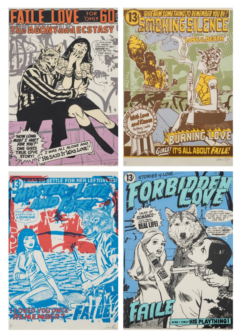Faile (b.1999) Agony and Ecstasy; Forbidden Love; Master of Love; Smoking Silence: Faile (b.1975 and 1976)Agony and Ecstasy; Forbidden Love; Master of Love; Smoking SilenceFour screenprints in colours, 2007, each signed in pencil, numbered from the edition of 50, printed and publish