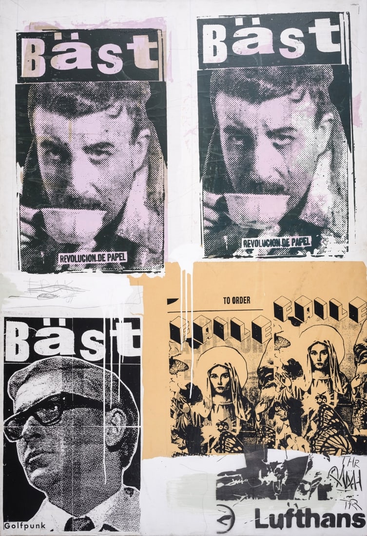 Faile X Bäst (contemporary) Untitled: Faile X Bäst (contemporary)UntitledAcrylic, spray paint, pencil and screenprint in colours with collage, 2004, signed by both artists and dated in black ink verso, numbered from the edition of 1