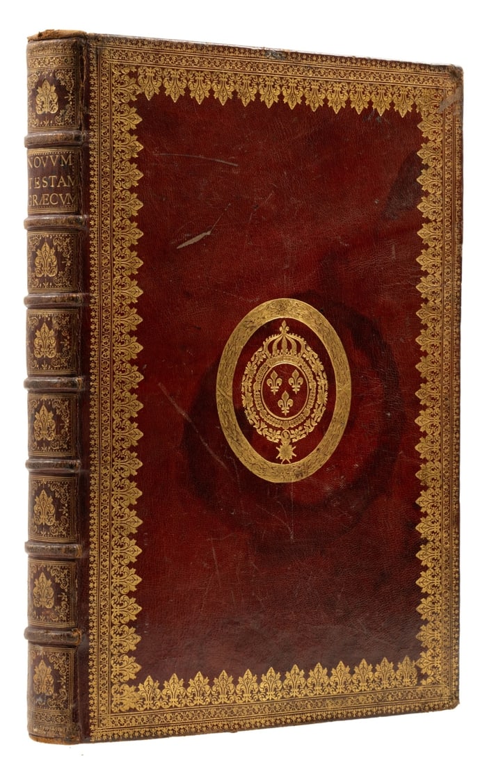 Bible, Greek.- He Kaine Diatheke [New Testament], 'Mazarin edition', contemporary red morocco, gilt,: Bible, Greek.- He Kaine Diatheke [New Testament], 'Mazarin edition', half-title, fine engraved title by Claude Mellan depicting an angel inscribing an obelisk beneath title on a scroll carried by thre