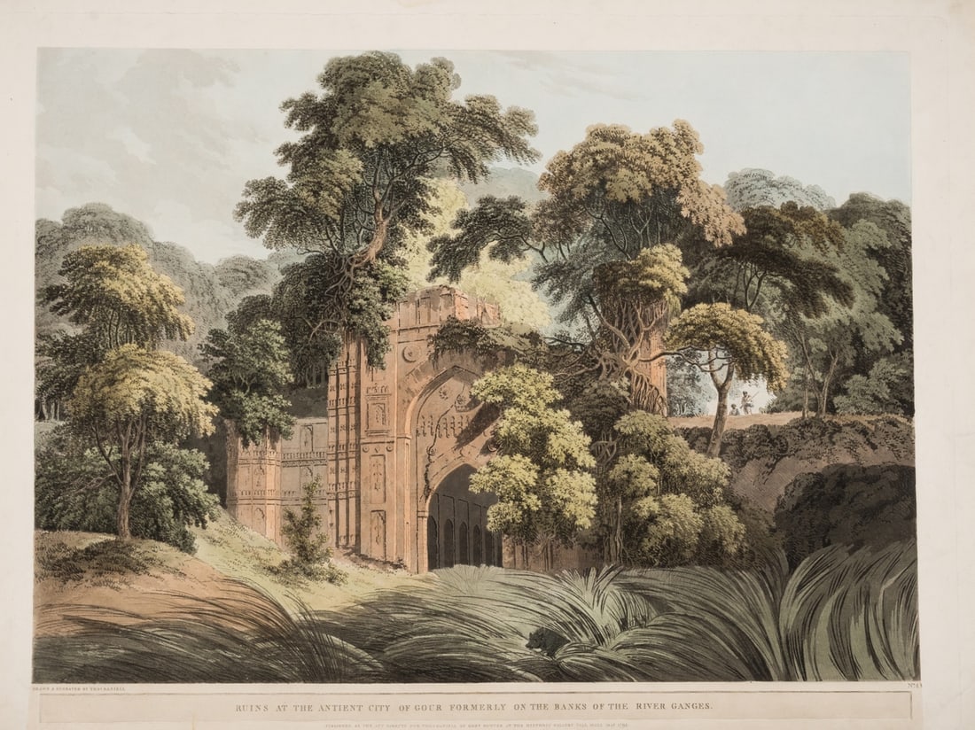 Daniell (Thomas) Ruins at the Antient City of Gour Formerly on the Banks of the River Ganges,: Daniell (Thomas) Ruins at the Antient City of Gour Formerly on the Banks of the River Ganges, from Oriental Scenery, etching and aquatint with full hand-colouring, an excellent impression on Whatman w