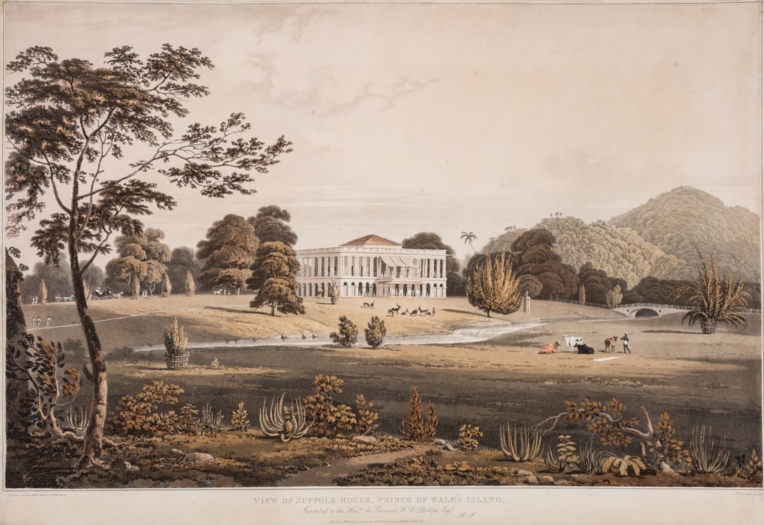 Malaysia.- Daniell (William) Four plates of Penang, Malaysia, from 'Panoramic Sketch of Prince of: Malaysia.- Daniell (William) Four plates of Penang, Malaysia, from 'Panoramic Sketch of Prince of Wales Island', after Captain Robert Smith, etchings and aquatints, printed in colours, finished by han