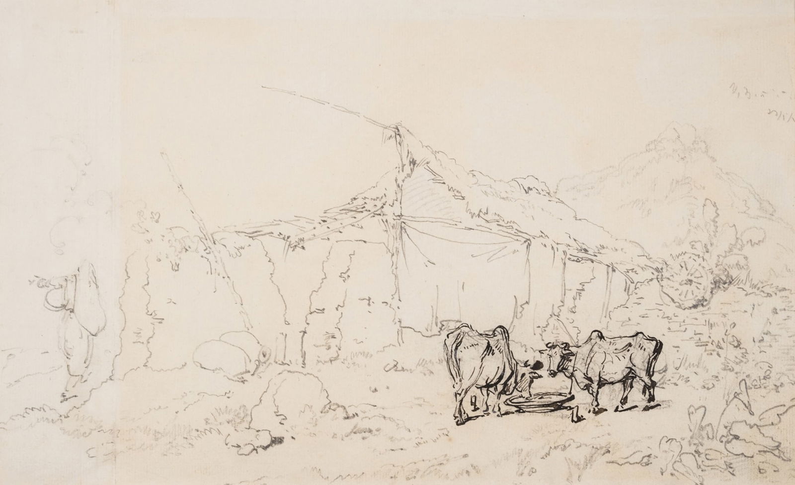 Chinnery (George) Indian cattle in a landscape, pen and ink, [early to mid-19th century] (1 of 1)