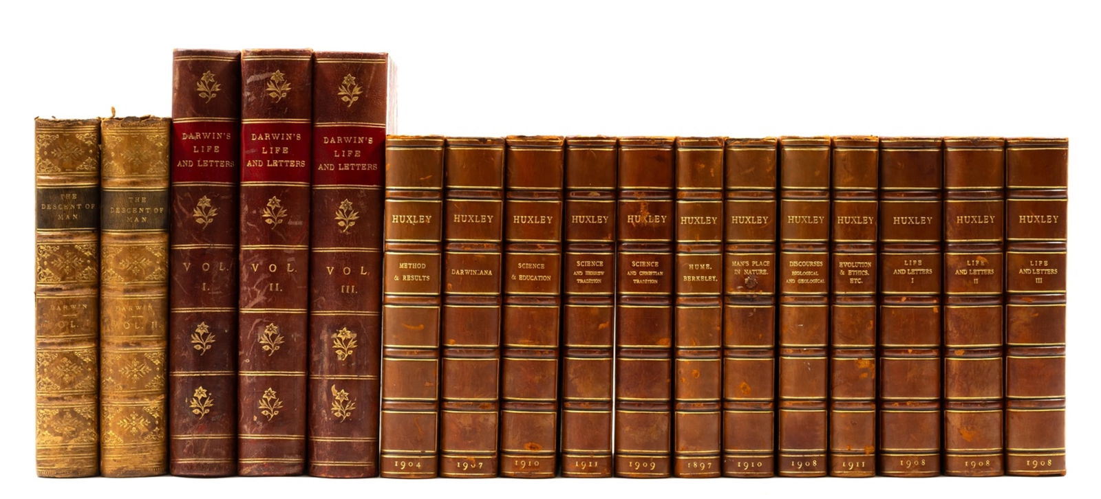Darwin (Charles) The Descent of Man, 2 vol., first edition, John Murray, 1871; and 15 others (17): Darwin (Charles) The Descent of Man, 2 vol., first edition, a little spotting to preliminaries, contemporary half calf over marbled boards, spines gilt with contrasting morocco label, extremities rubb