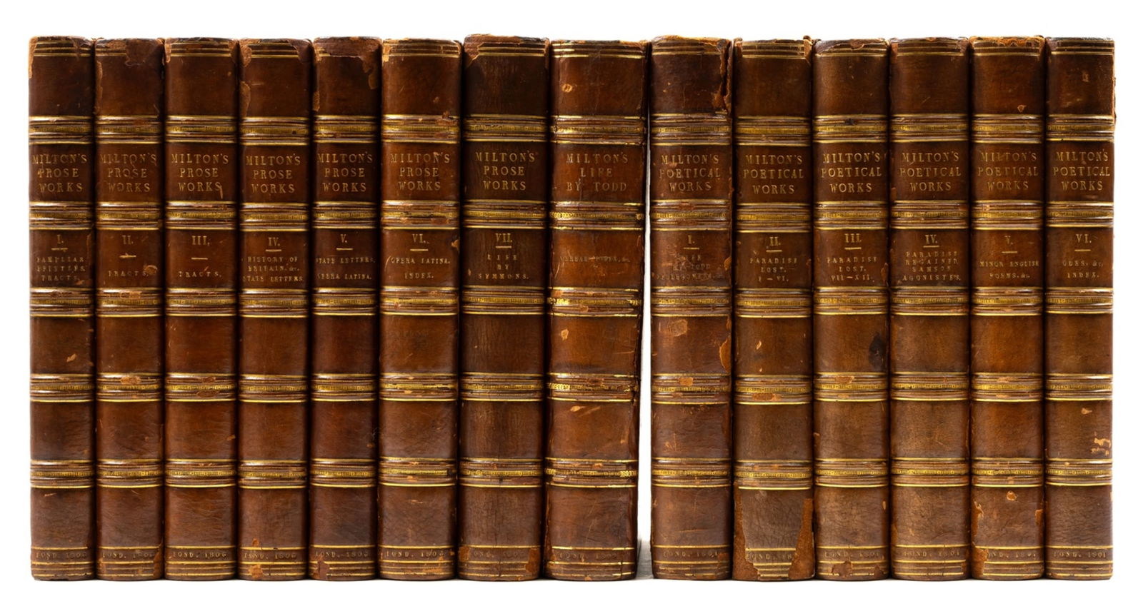 Milton (John) The Poetical Works, 6 vol., 1801; The Prose Works, 7 vol., 1806; Todd (Rev. Henry: Milton (John) The Poetical Works, 6 vol., engraved portrait frontispiece, vol. 1 with 6ff. manuscript notes in contemporary hand bound at front, vol. 1-2 hinges cracked; The Prose Works, 7 vol., vol.