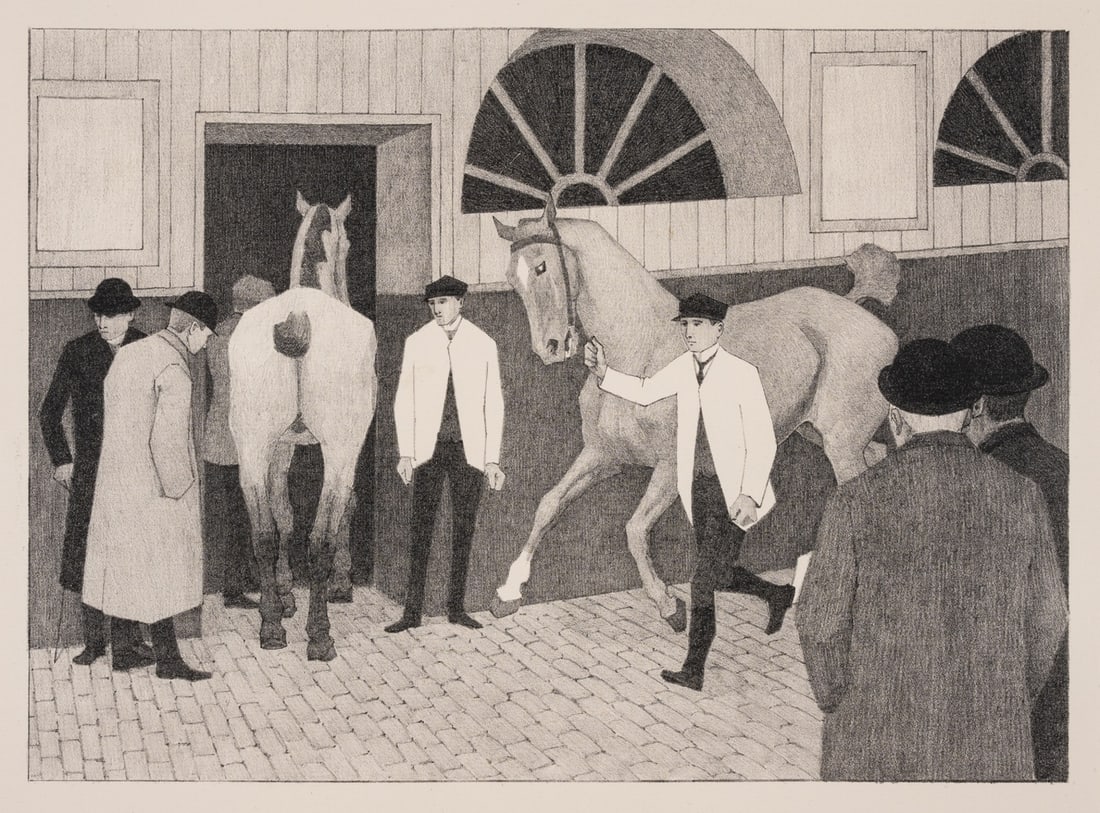 Robert Polhill Bevan (1865-1925) The Horse Mart (Barbican No.1) (Dry 34): Robert Polhill Bevan (1865-1925)The Horse Mart (Barbican No.1) (Dry 34)Lithograph, 1920, stamped with the artist's monogram in ink, from the edition of 70, on laid paper, with full margins, sheet 454