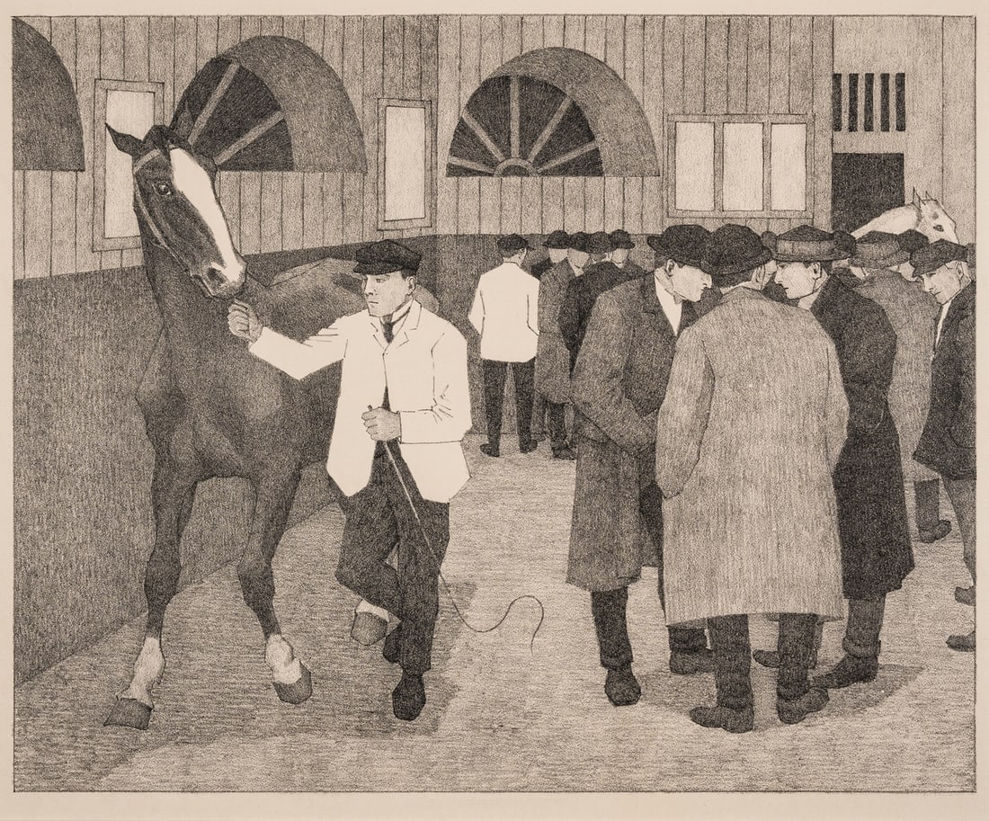 Robert Polhill Bevan (1865-1925) The Horse Dealers (Barbican No.2) (Dry 35): Robert Polhill Bevan (1865-1925)The Horse Dealers (Barbican No.2) (Dry 35)Lithograph, 1921, stamped with the artist's monogram in ink, from the edition of 70, on wove paper, with full margins, sheet 4