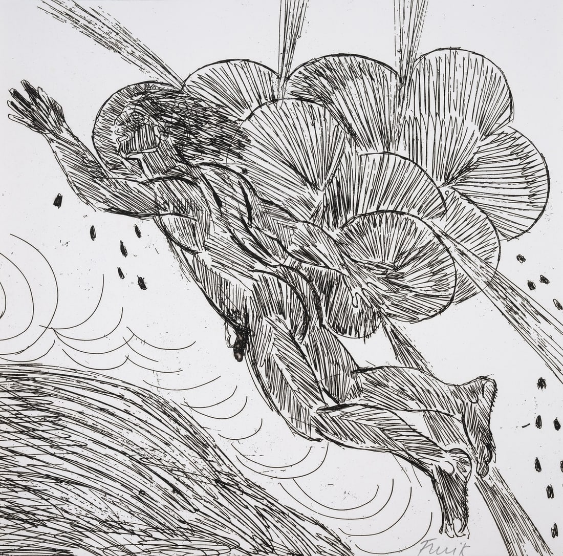 δ Elisabeth Frink (1930-1993) I flew through a black cloud and the winds came up from the: δ Elisabeth Frink (1930-1993)I flew through a black cloud and the winds came up from the hills below me, from the Royal College of Art Artist's Choice Portfolio (Wiseman 138)Etching, 1987, signed