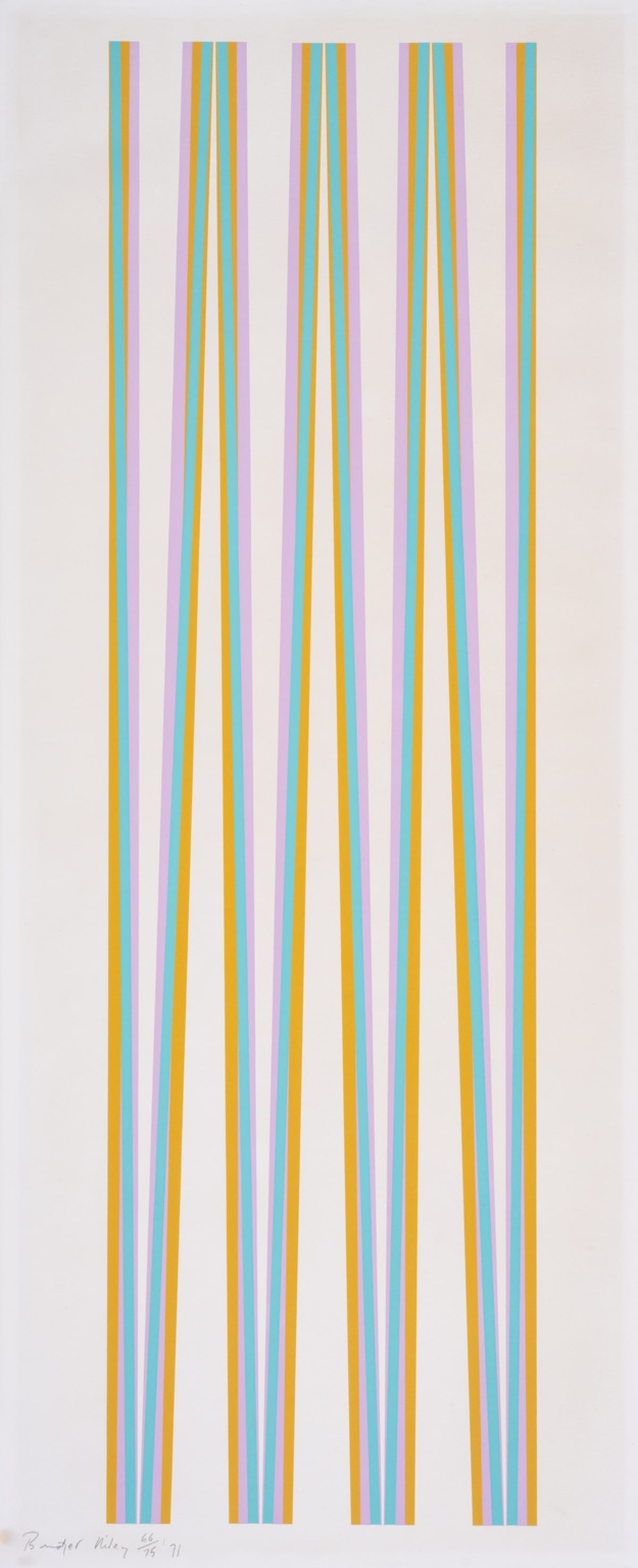 δ Bridget Riley (b.1931) Untitled (Elongated Triangles 4) (Tommasini & Gubay 13): δ Bridget Riley (b.1931)Untitled (Elongated Triangles 4) (Tommasini & Gubay 13)Screenprint in colours, 1971, signed and dated in pencil, numbered from the edition of 75, printed by Kelpra Studio,