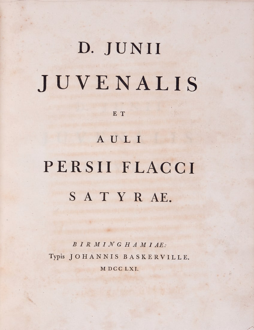 Juvenalis (Decimus Junius) & Aulus Persius Flaccus. Satyrae, Birmingham, John Baskerville, 1761 & a: Juvenalis (Decimus Junius) & Aulus Persius Flaccus. Satyrae, armorial bookplate of George Robert Smith, contemporary Latin inscription on front free endpaper, two painted silhouettes of women in black