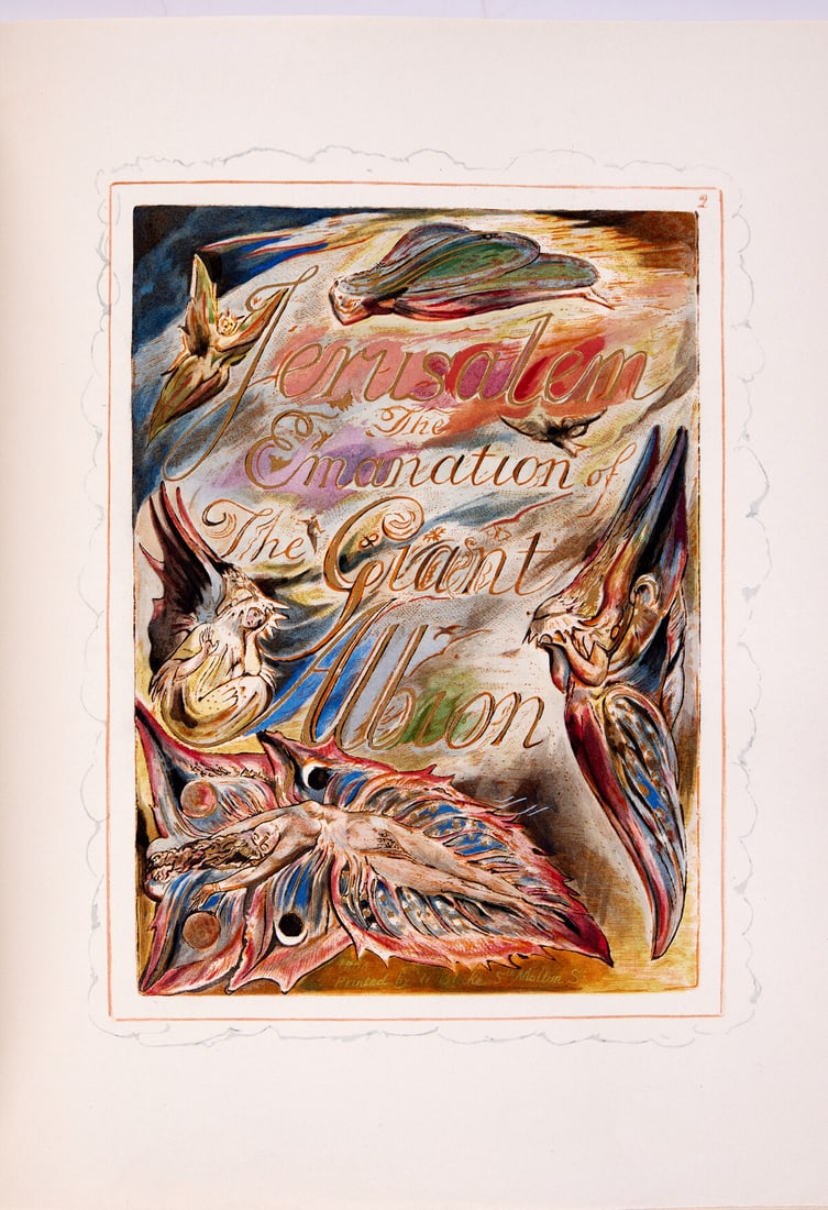 Blake (William) Jerusalem, one of 516 copies, France & London, for the William Blake Trust, [1951];: Blake (William) Jerusalem, one of 516 copies, 100 colour facsimile plates, 5 fascicles in original wrappers, printed labels to upper covers, original cloth-backed drop-front box, France & London, for