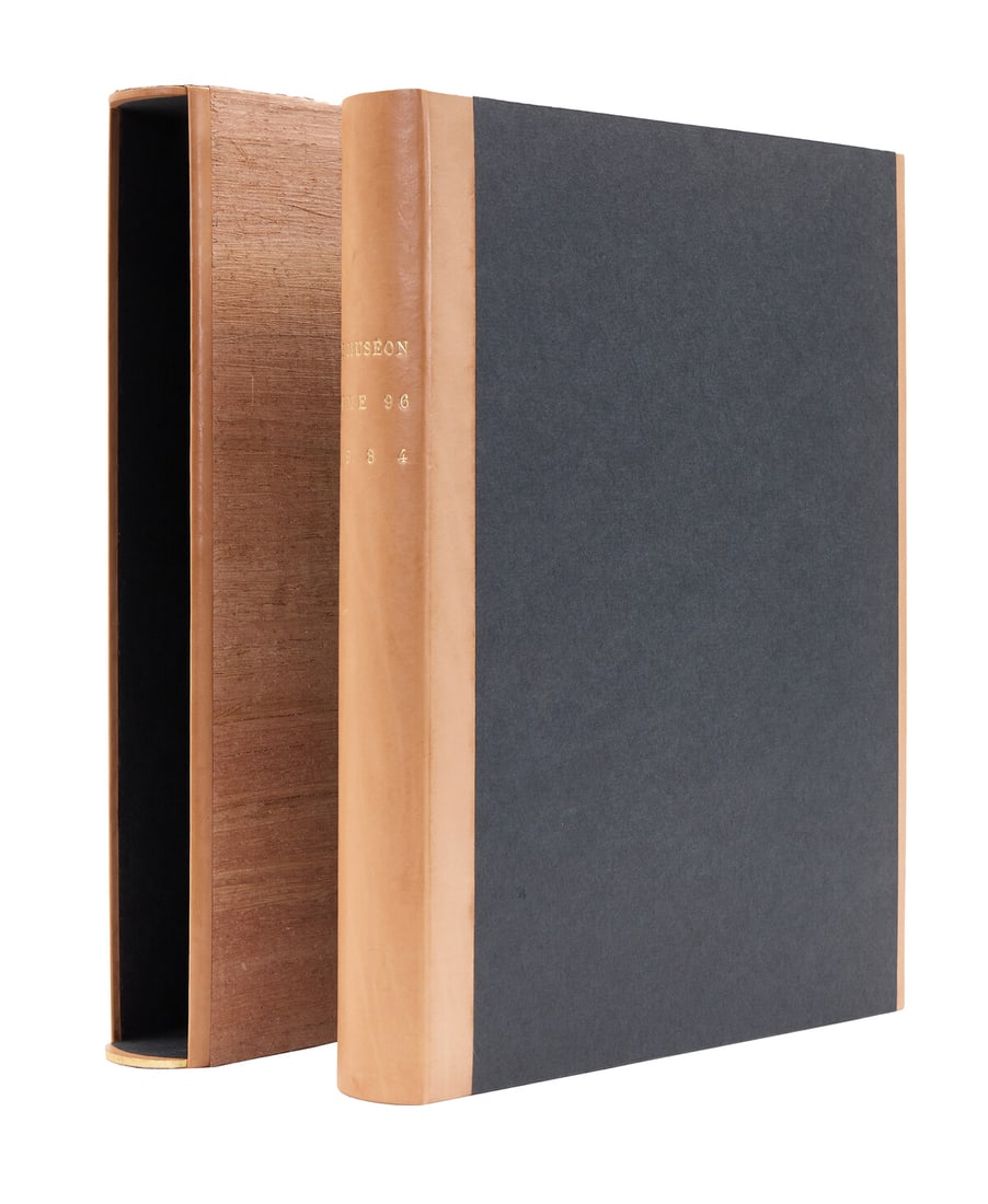 Binding.- Bocel (Joelle, bookbinder) Le Museon, vol. 97, Louvain, 1984.: Binding.- Bocel (Joelle, bookbinder) Le Museon, vol. 97, bound in 2019 by Joe?lle Bocel in natural beige leather, blind-stamped with vegetal patterns, doublures of gold film hot-stamped with Coptic-in