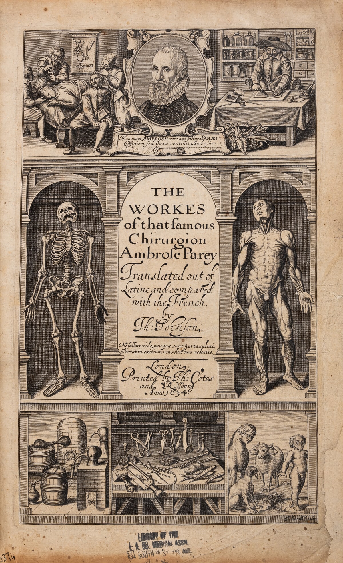 Pare (Ambroise) The Workes of that famous Chirurgion Ambrose Parey, first edition in English,: Pare (Ambroise) The Workes of that famous Chirurgion Ambrose Parey, first edition in English, translated by Thomas Johnson, engraved title (browned and laid down, with small loss to fore-margin), wood