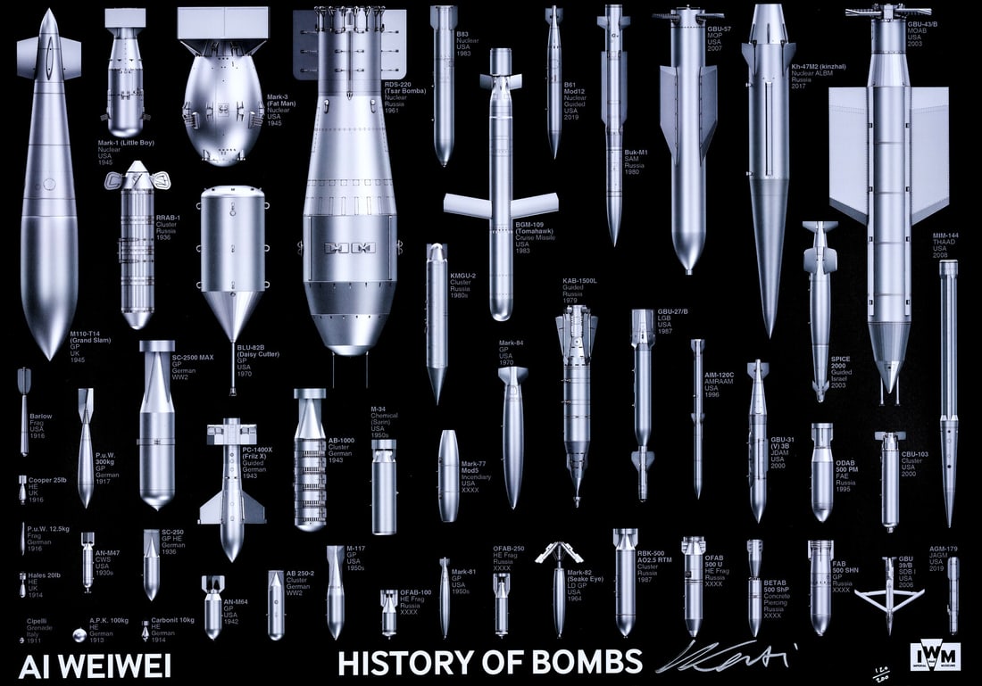 Ai Weiwei (b.1957) History of Bombs: Ai Weiwei (b.1957) History of Bombs Offset lithograph, 2020, signed in silver ink, numbered from the edition of 200 in silver ink, published by the Imperial War Museum, London, on wove paper, the full