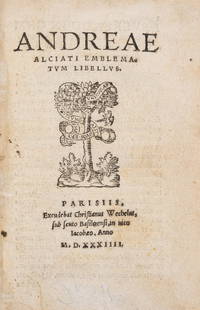 Emblemata.- Alciati (Andrea) Emblematum Libellus, first edition, first printing, Paris, Chrestien: Emblemata.- Alciati (Andrea) Emblematum Libellus, first edition, first printing, woodcut device to title, 104 woodcuts only (of 113) by Jean Jollat, bookplate, modern ink notes to front endpapers,