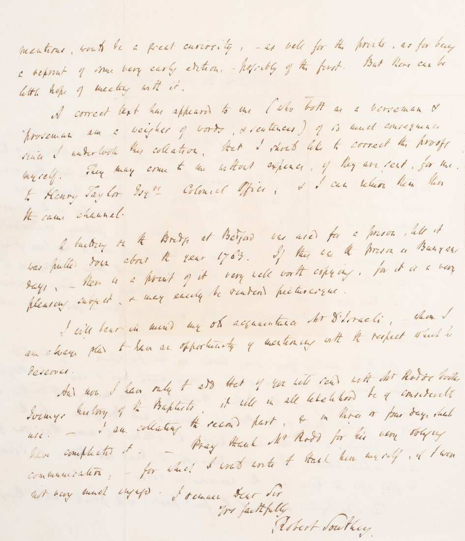 Southey (Robert) Autograph Letter signed to "Dear Sir" [the publishers John Murray or John Major],: Southey (Robert, poet and reviewer, 1774-1843) Autograph Letter signed to "Dear Sir" [the publishers John Murray or John Major], 2pp., 4to, Keswick, 21st March 1829, concerning his new edition of Buny
