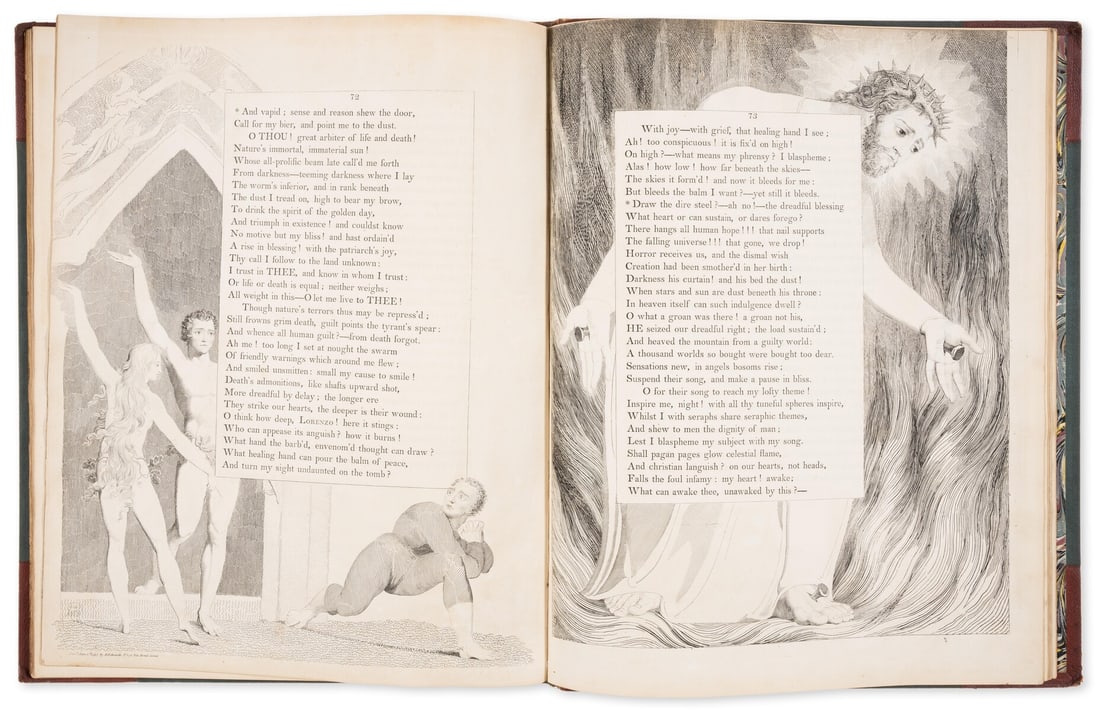 Blake (William).- Young (Edward) The Complaint, and the Consolation; or, Night Thoughts, engravings: Blake (William).- Young (Edward) The Complaint, and the Consolation; or, Night Thoughts, 4 engraved part-titles and 39 illustrations by William Blake after his own designs around letterpress text, wit
