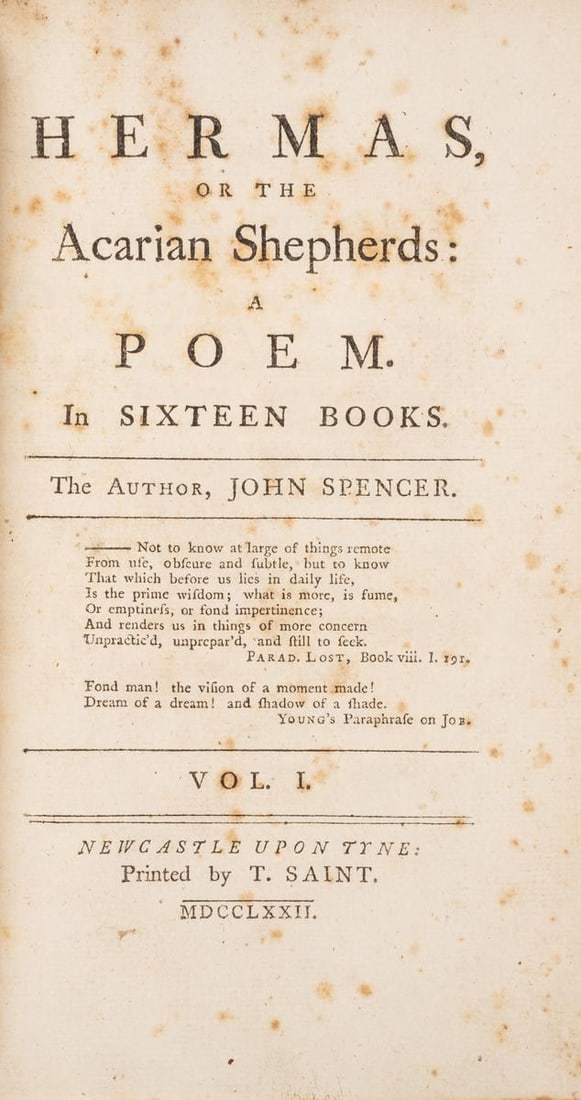 Provincial printing.- Spencer (John) Hermas, or, the Acarian Shepherds: A Poem, 2 vol., first (1 of 1)