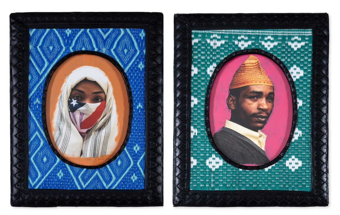 Hassan Hajjaj (b.1961) Lovers (Male and Female): Hassan Hajjaj (b.1961)Lovers (Male and Female)Two c-type prints in colours extensively hand-finished with acrylic and presented in the artist's woven plastic and rubber tyre frames, 2000, each signed