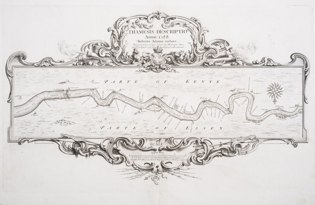 River Thames.- Pine (John) Thamesis Descriptio Anno 1588, after Robert Adams (c.1530-1595), engraved: River Thames.- Pine (John) Thamesis Descriptio Anno 1588, after Robert Adams (c.1530-1595), engraving, from a copy drawn by Mr. Joseph Ames, 8 April 1738, from the original in parchment, showing from