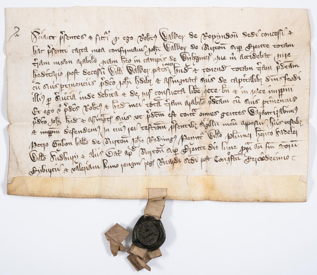 Derbyshire.- Charter, grant by Robert Walker of Repyndon [Repton] to John Walker of Burton of arable: Derbyshire.- Charter, grant by Robert Walker of Repyndon [Repton] to John Walker of Burton of arable land in the fields of Wylygmer [?Willington], witnesses: Henry Sadeley, William Sudbury and others,