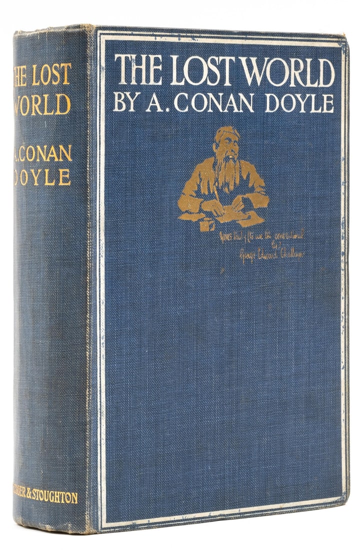 Doyle (Sir Arthur Conan) The Lost World, first edition, 1912.: Doyle (Sir Arthur Conan) The Lost World, first edition, frontispiece, ink gift inscription and browning on front free endpaper, light spotting to peripheral pages, original cloth with portrait decorat