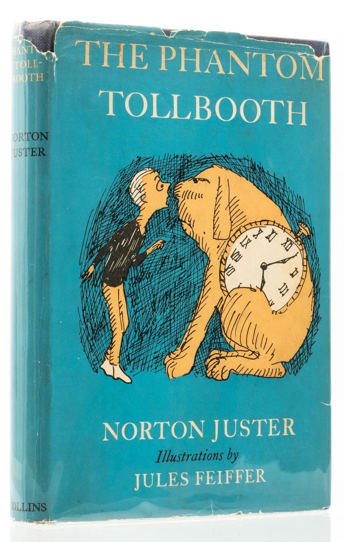 Juster (Norton) The Phantom Tollbooth, first edition, 1962.: Juster (Norton) The Phantom Tollbooth, first edition, illustrations by Jules Feiffer, original boards, light strip of sunning to upper edge, dust-jacket, chips and nicks to edges, heaver to upper edge