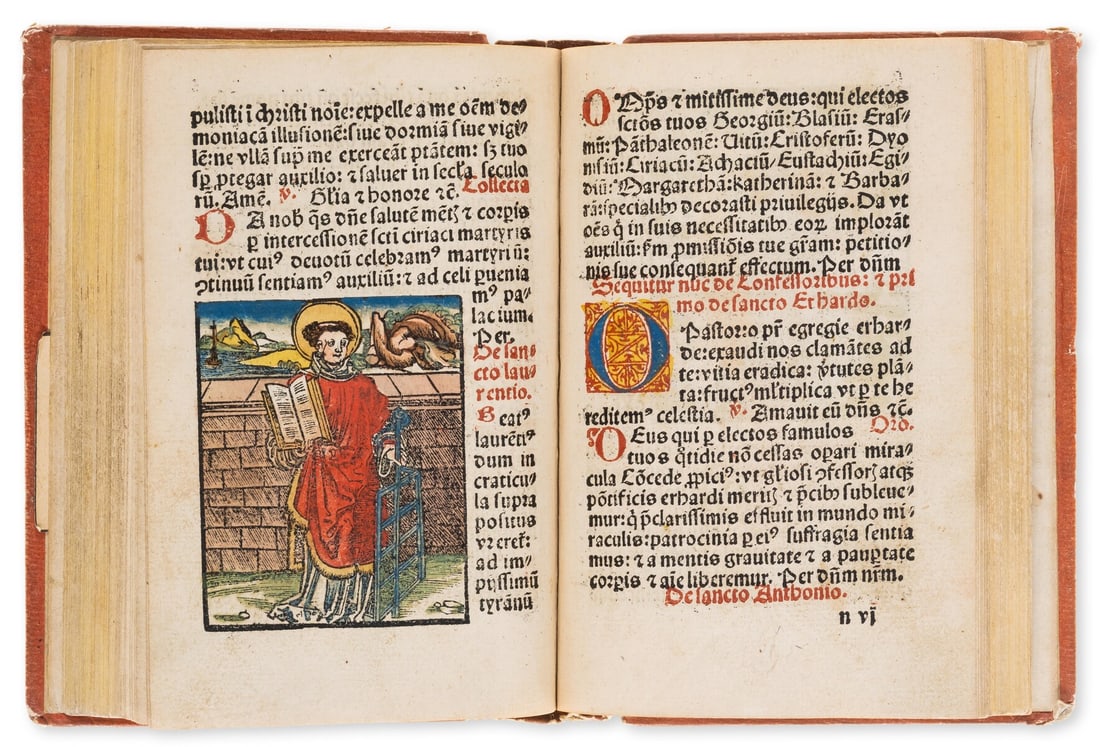Hortulus anime, woodcuts with fine contemporary colouring, Strassburg, Martin Flach, 1511: Hortulus anime, collation: 1-20, a-z8, ?8 ?4, but lacking 55ff., printed in red and black, woodcut illustrations and initials by Hans Baldung Grien, finely coloured by an early hand, a2 repaired, marg