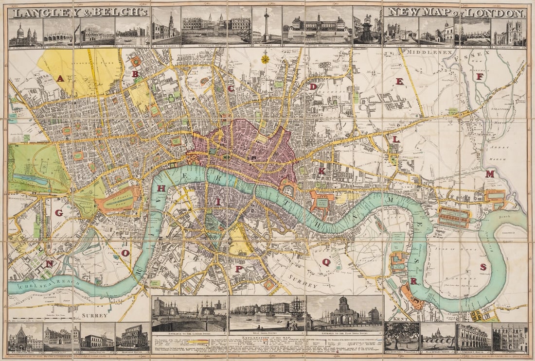 London.- Langley (Edward, & Belch, William) Langley and Belch's New Map of London, engraved map,: London.- Langley (Edward, & Belch, William) Langley and Belch's New Map of London, first edition, map of London with 24 uncoloured engraved vignettes of London landmarks set within the horizontal marg