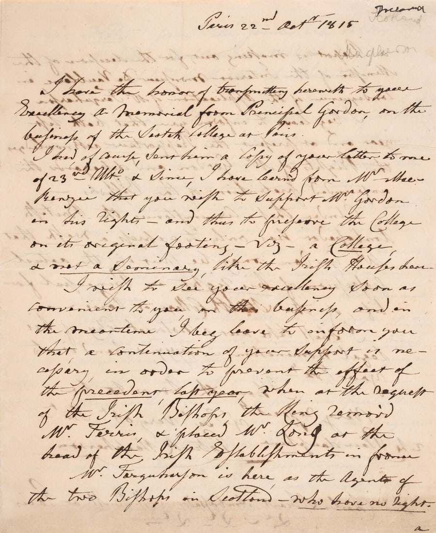 Scots College in Paris.- Macpherson (Patrick) 3 Autograph Letters signed to Sir Charles Stuart,: Scots College in Paris.- Macpherson (Patrick) 3 Autograph Letters signed to Sir Charles Stuart, British Ambassador To France, 1 4pp., the others 2pp., small 4to, Paris, August-October, 1815, on the fa