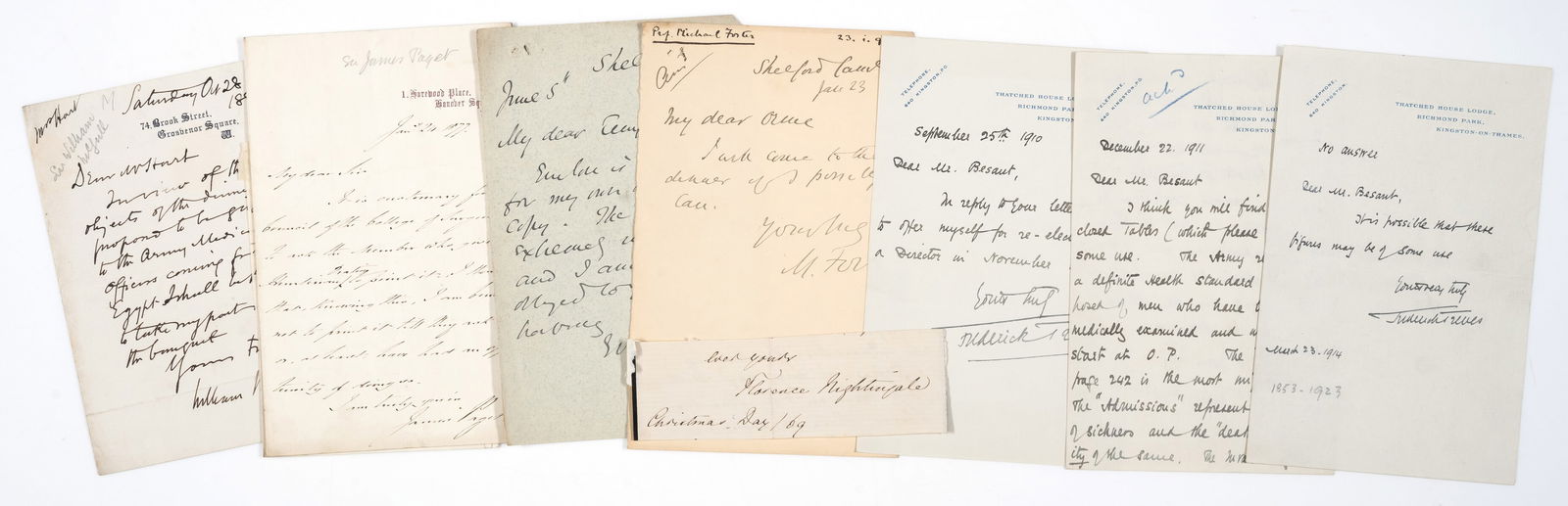 Medical.- Collection of letters, including: Florence Nightingale (cut signature), Sir James Paget: Medical.- Collection of letters, including: Florence Nightingale (cut signature), Sir James Paget (6), Sir Thomas Watson, William Babington, Sir Frederick Treves (5), Lord Lister, Sir John Williams, S