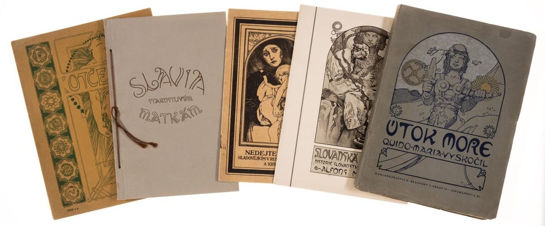Mucha (Alphonse).- Skocil (Quido Maria) Útok Mo?e, Prague, 1922; and others Mucha (5).: Mucha (Alphonse).- Skocil (Quido Maria) Útok Mo?e, illustrations, some gatherings loose as issued, occasional marginal spotting, original pictorial wrappers, small stain to upper cover, slight creasi
