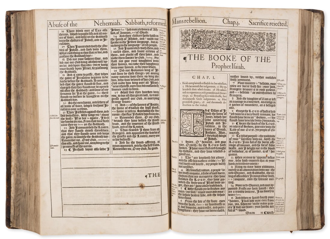 Bible, English. [The Holy Bible], first edition of the King James Bible, the Great 'He' Bible,: Bible, English. [The Holy Bible], first edition of the King James Bible, the Great 'He' Bible, 1 vol. bound in 2, largely printed in black letter, double column, woodcut initials and head- and tail-pi