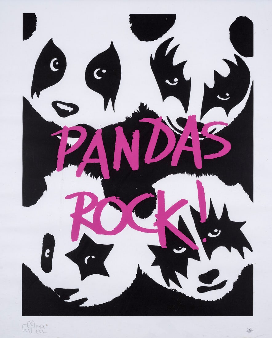 Pure Evil (b.1968) Pandas Rock!: Pure Evil (b.1968)Pandas Rock!Screenprint in colours, 2007, signed in pencil, numbered from the edition of 750, printed and published by Pictures on Walls, London, with their blindstamp, on wove paper